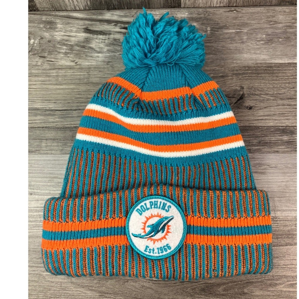 New Era Miami Dolphins NFL 100 Anniversary Fleece Lined Pom Beanie Hat Aqua